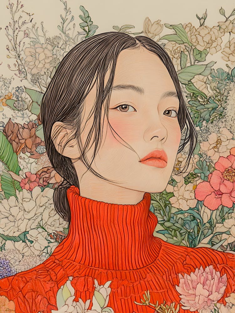 Red Sweater Portrait - Feminine Art with Detailed Florals