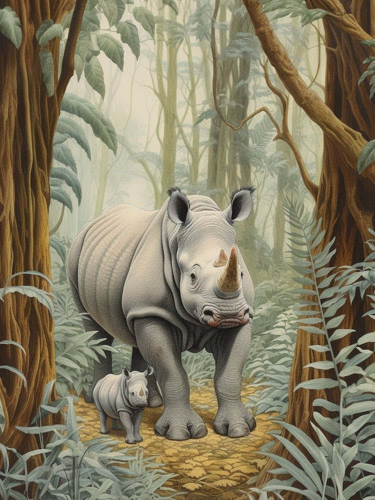 Rhino & Baby Rhino Realistic Illustration 1