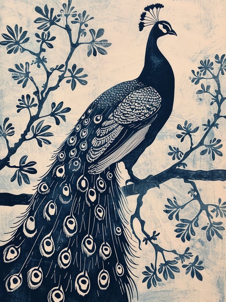 Navy & Cream Peacock On A Tree 3