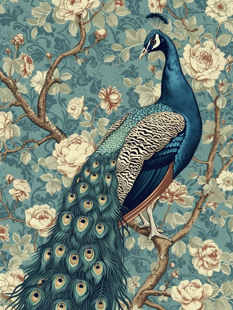 Blue & Cream Peacock Wallpaper