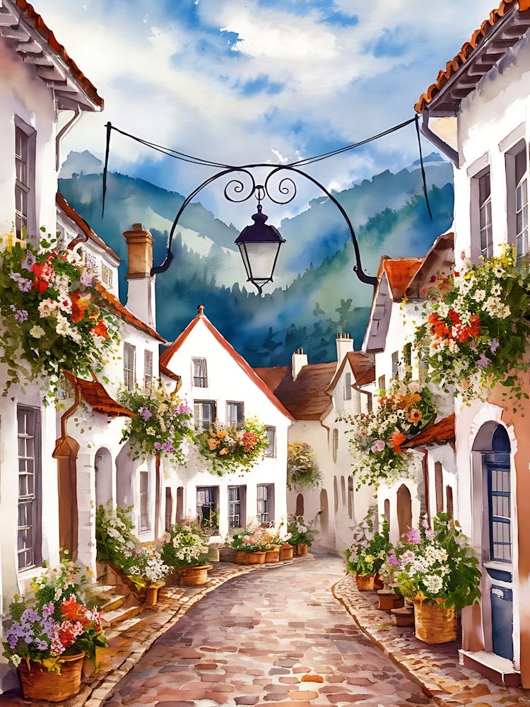 Watercolor Of A Village Street