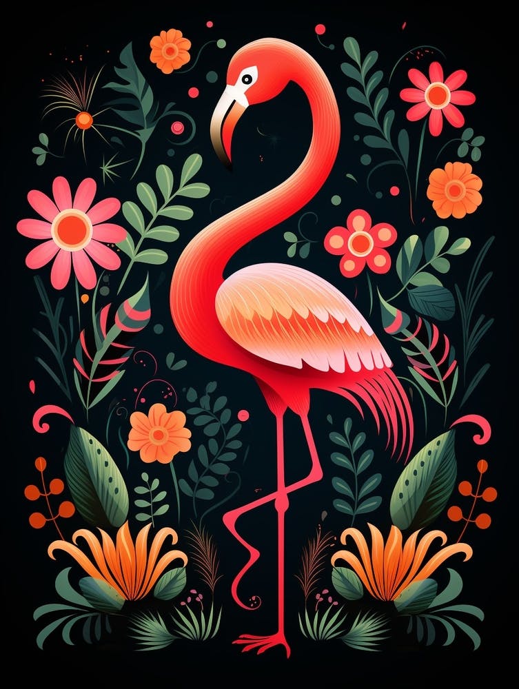 Folk Bird Illustration Flamingo 2