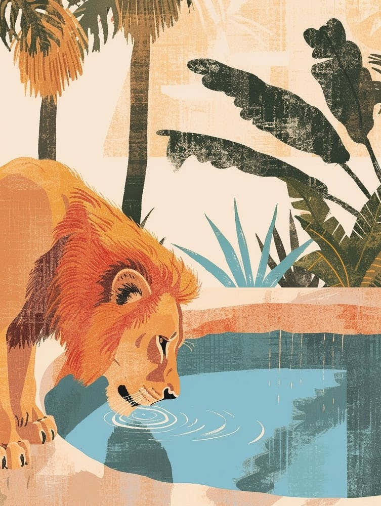 African Lion Drinking From A Watering Hole Illustration 2