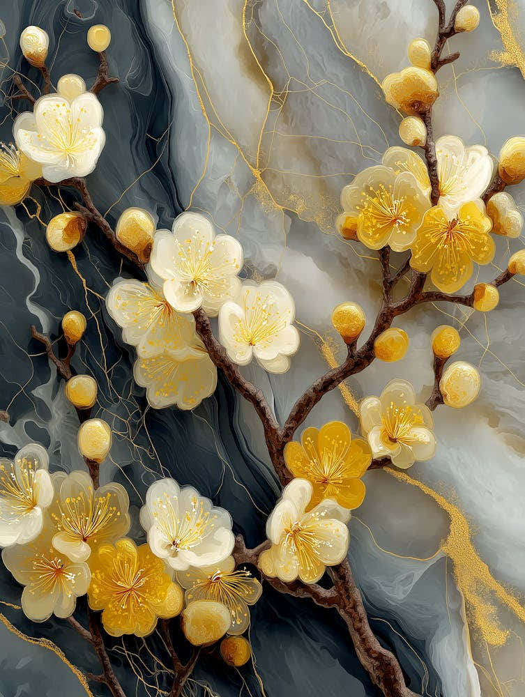 Abstract Artwork Featuring A Dark Background With White And Gold Marbled Textures