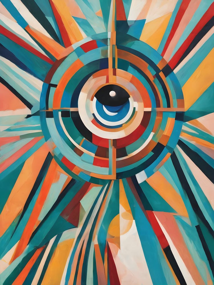 Eye Of The Universe - Vision Abstract Art Deco Geometric Shapes Oil Painting Modernist Inspired Bold Gold Green Turquoise Red Face Visionary Fantasy Style Wall Decor Surrealism Trippy Cool Room Art Invoke Psychedelic