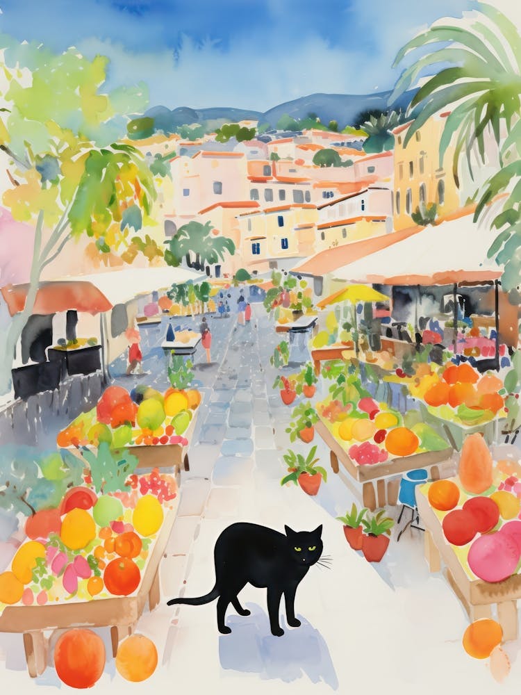 Food Market With Cats In Malibu 2 Watercolour