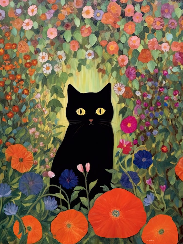 Flower Garden And A Black Cat, Inspired By Klimt 5