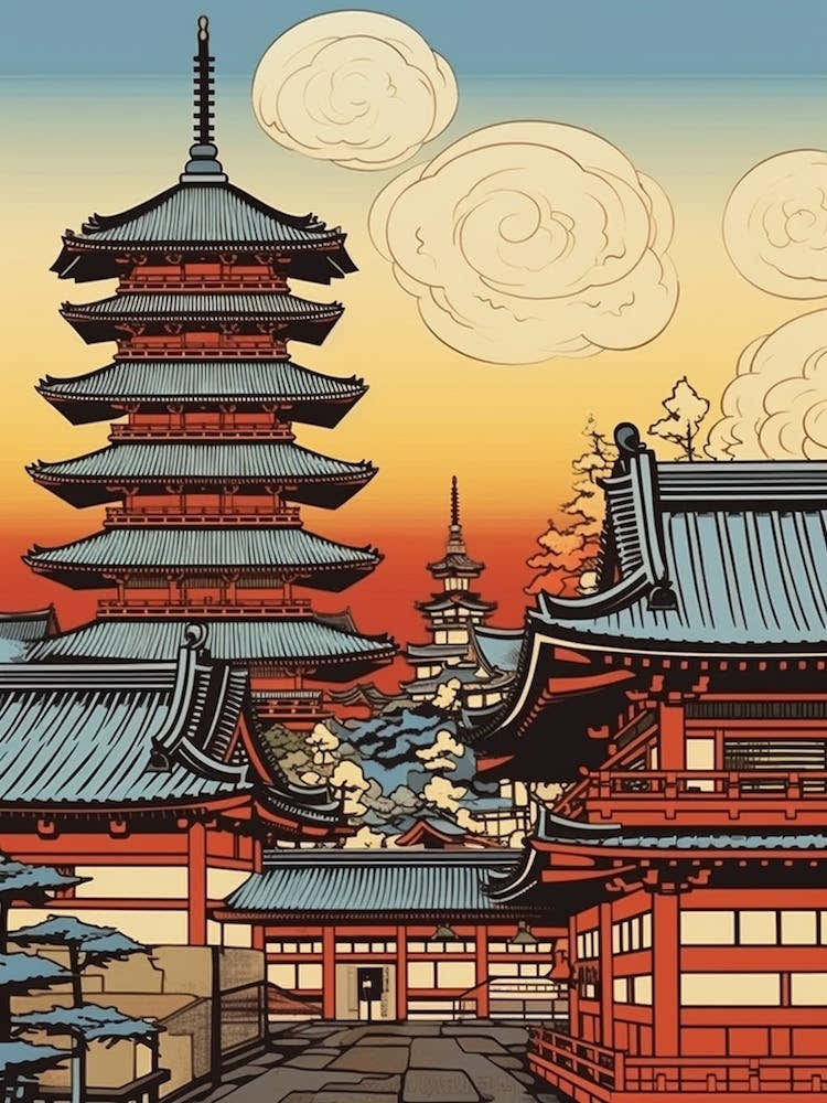 Asakusa Shrine, Japan Vintage Travel Art 1