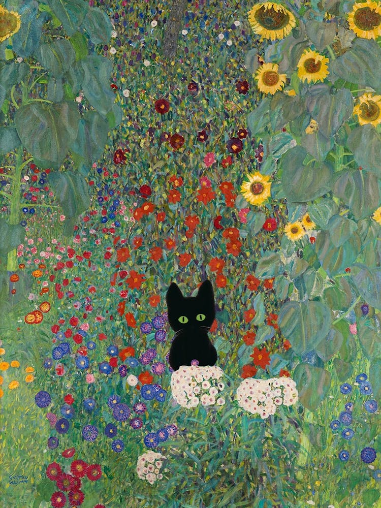 Gustav Klimt Style, Farm Garden With Sunflowers And A Black Cat 2 Living Room Art print