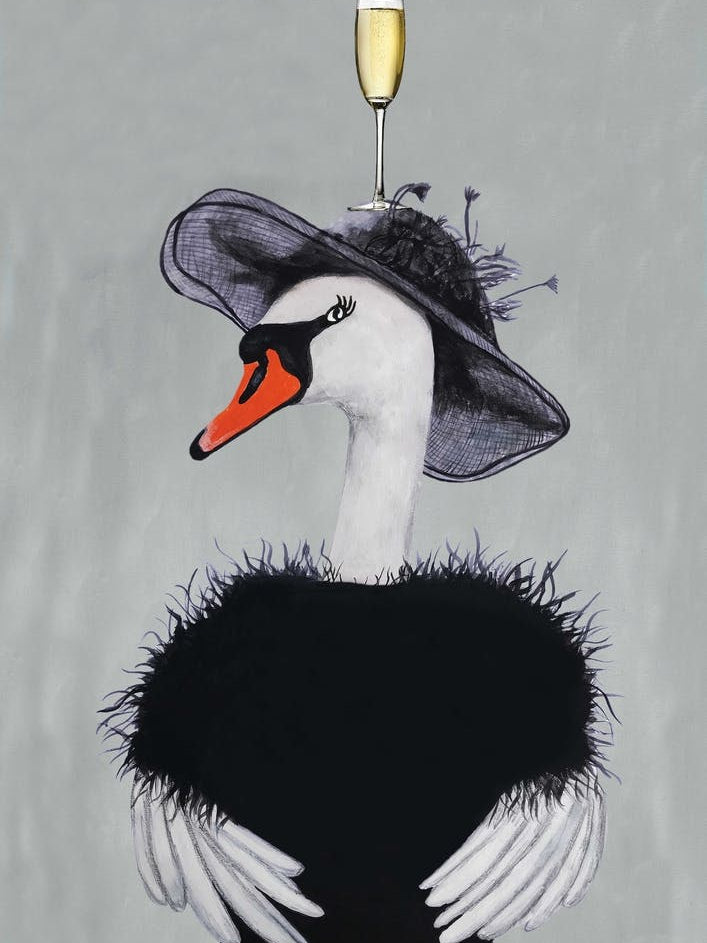Swan With Champagne Glass Grey & Black