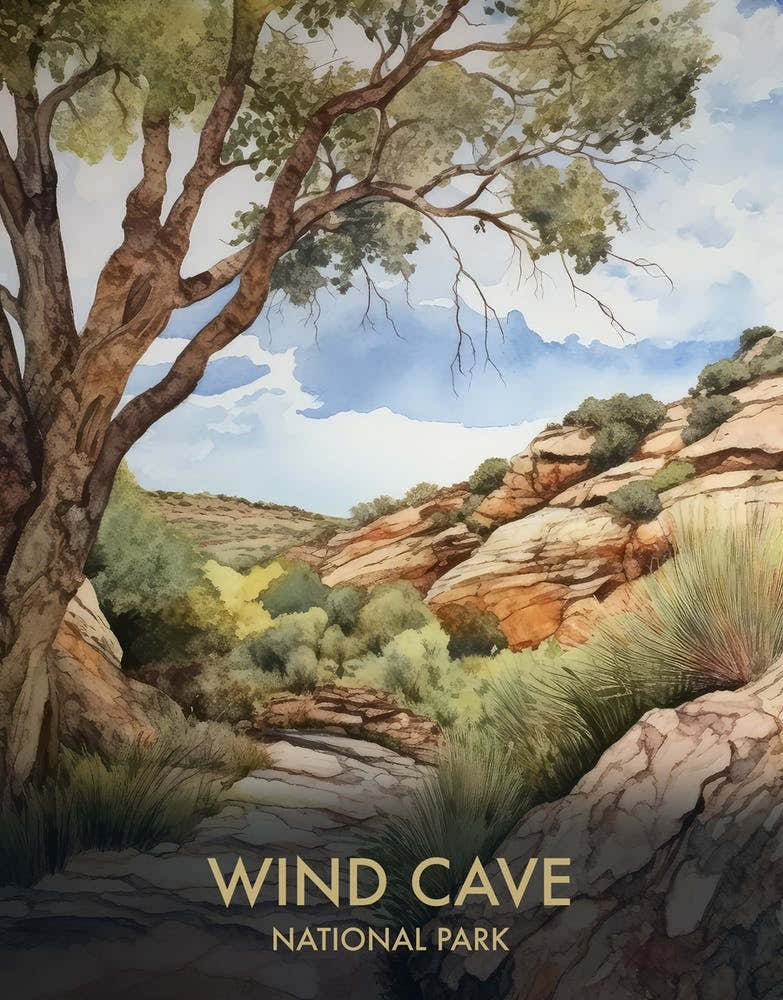 Wind Cave National Park Watercolour Vintage Travel Poster 3