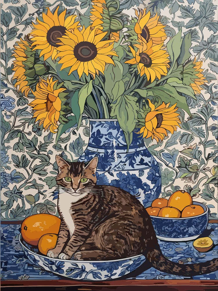 Sunflower With A Cat 2 William Morris Style