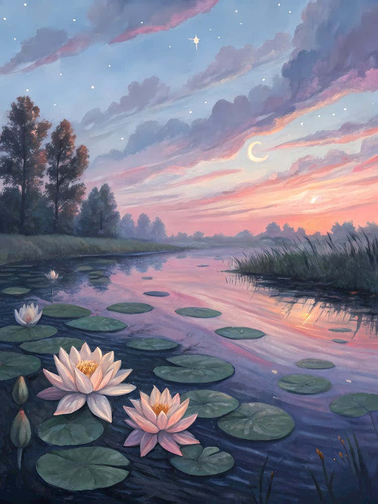 Van Gogh Moonlit Lily Pond Serene Waters & Stars