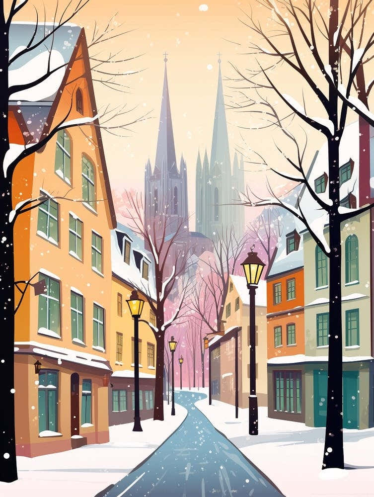 Vintage Winter Travel Illustration Cologne Germany 3