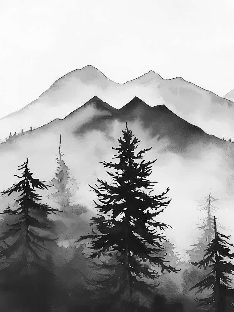 Mountain Forest Black And White Watercolour 1