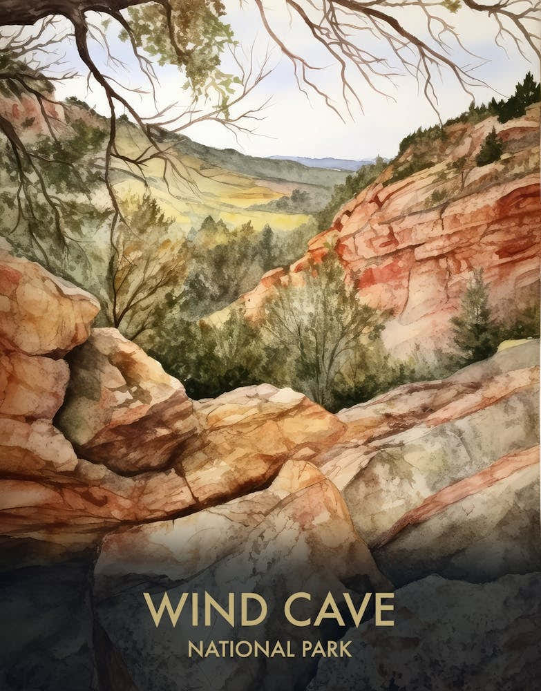 Wind Cave National Park Watercolour Vintage Travel Poster 4