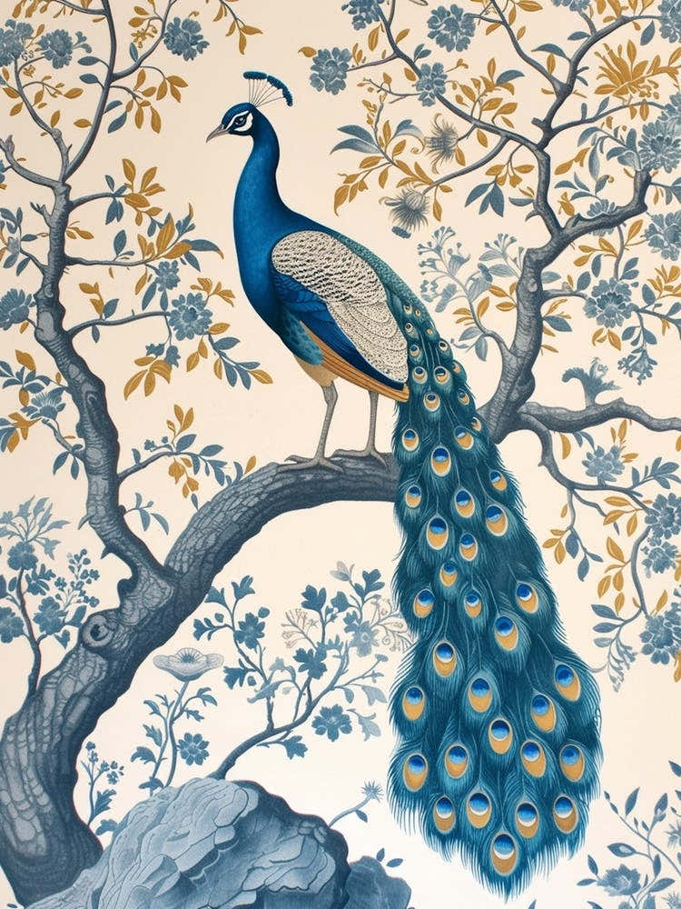 Peacock In The Tree Cream & Blue Vintage Wallpaper
