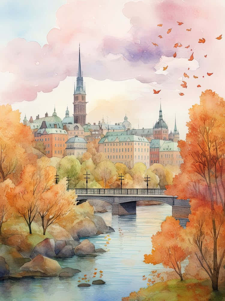Stockholm Sweden In Autumn Fall, Watercolour 3