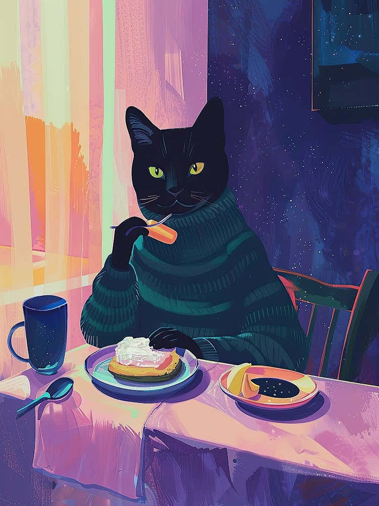 Black Cat Having Breakfast Folk Illustration 1