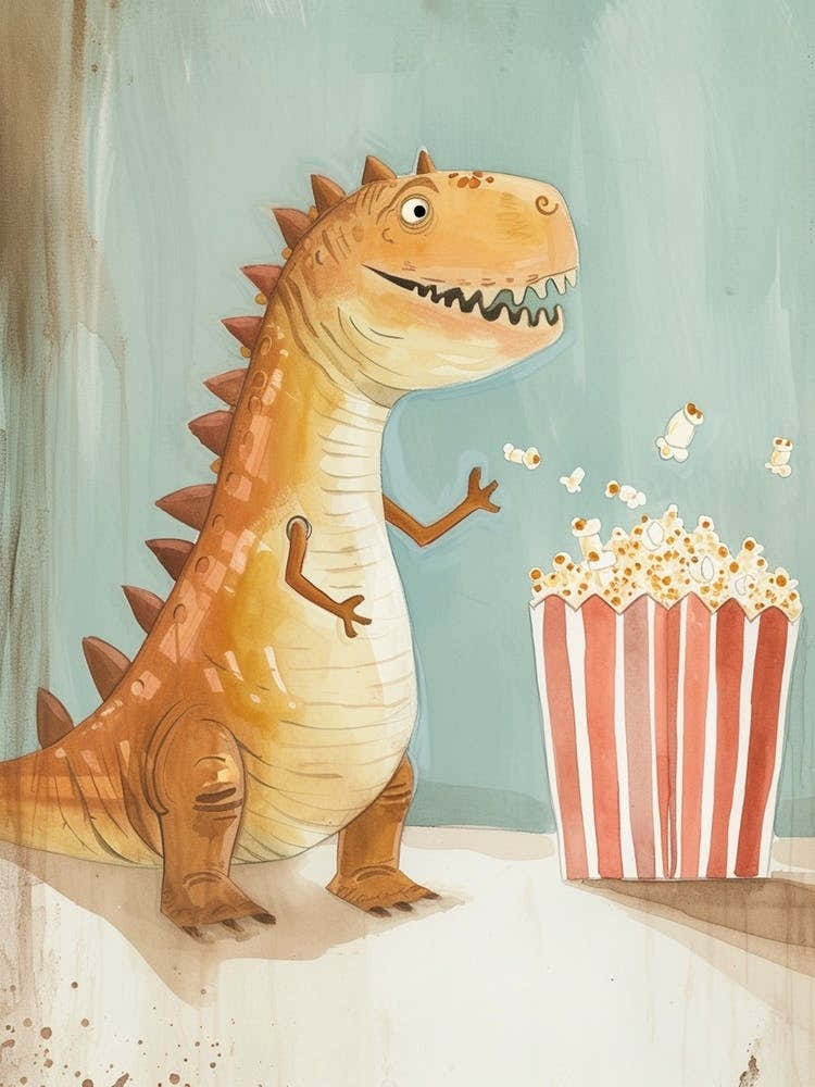 Cute Dinosaur Eating Popcorn