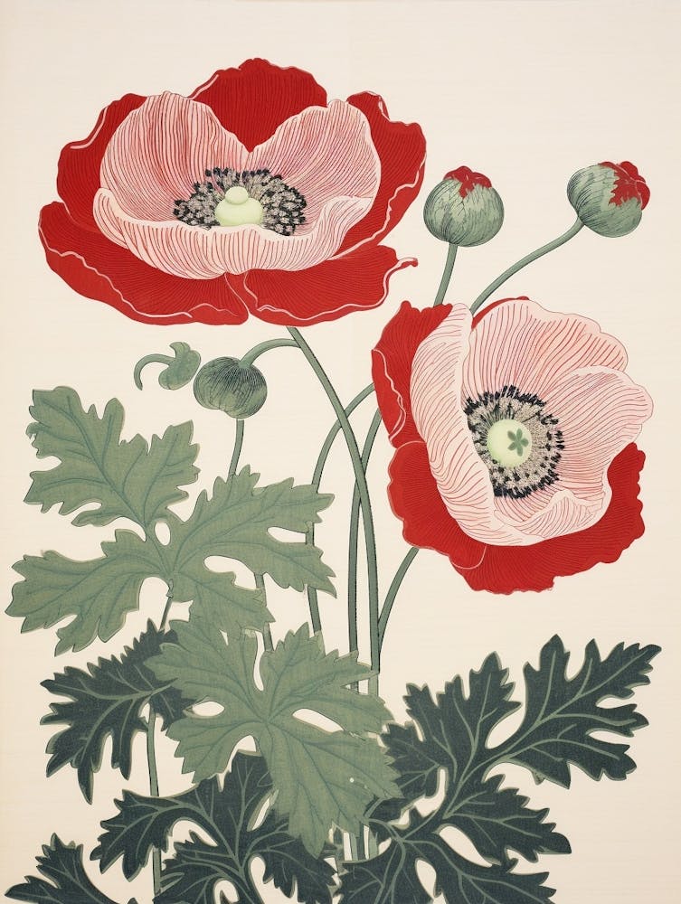 Hanaichige Japanese Anemone 2 Vintage Botanical Woodblock