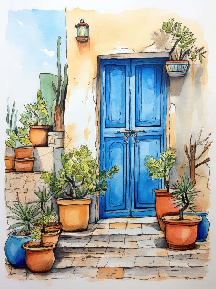 Blue Door With Potted Plants