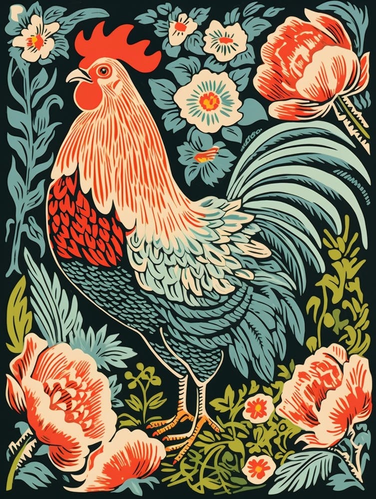 Vintage Bird Linocut Chicken 5