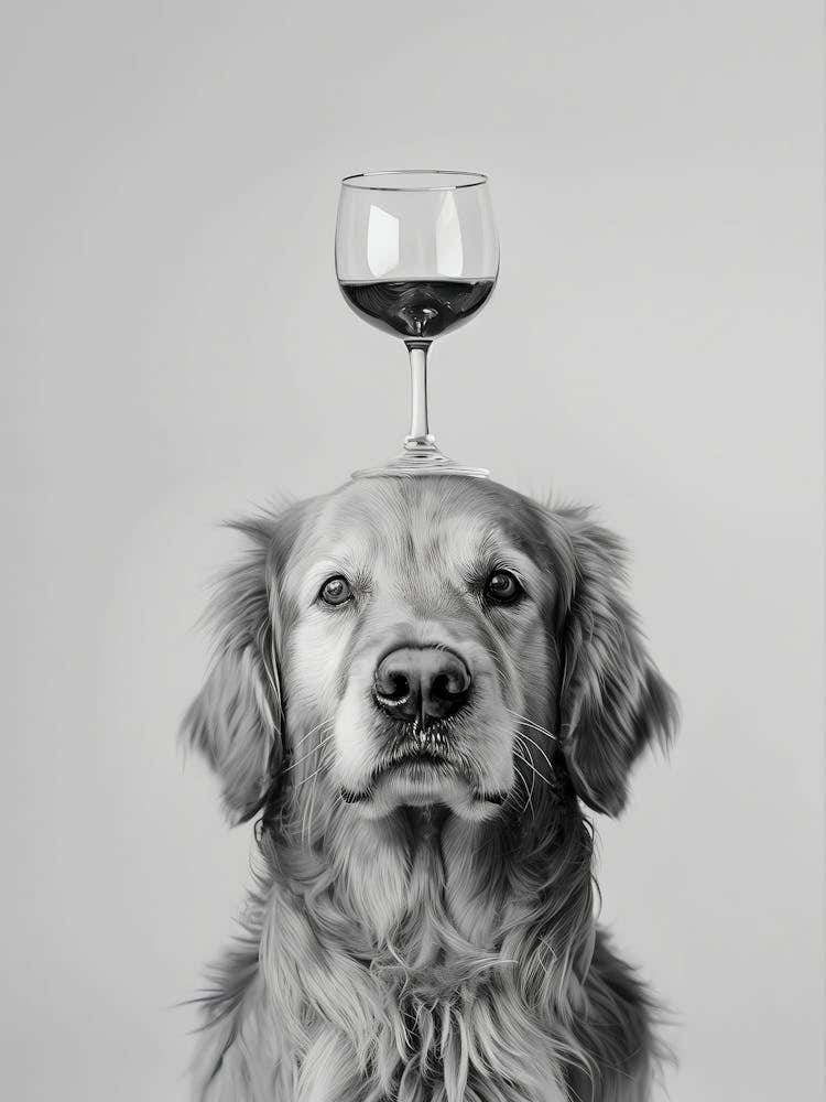 Golden Retriever Balancing Wine On Head Wall Art, Black And White Print, Wine Glass Art, Alcohol Print, Funny Dog Poster, Kitchen Wall Decor