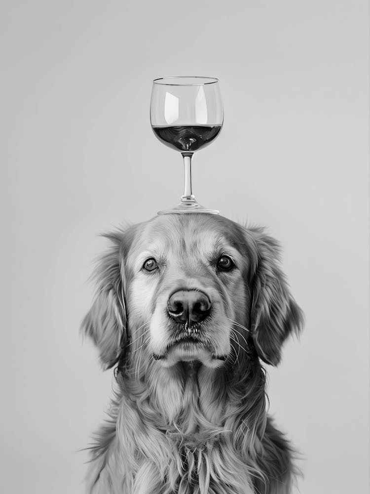 Golden Retriever Balancing Wine On Head Wall Art, Black And White Print, Wine Glass Art, Alcohol Print, Funny Dog Poster, Kitchen Wall Decor