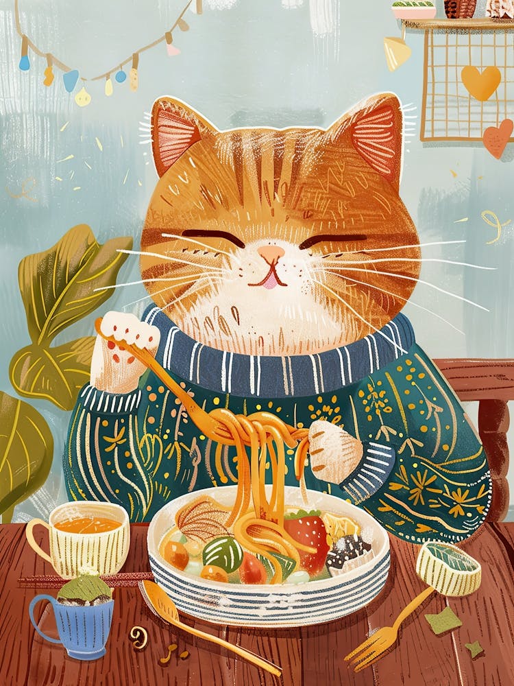Cute Brown White Cat Eating Pasta Folk Illustration 2