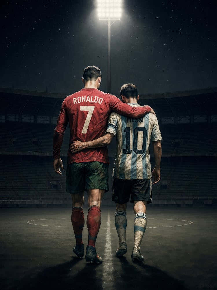 Ronaldo & Messi Poster – Legends, Rivals, Icons: Two GOATs, one moment – Ronaldo and Messi side by side in a tribute to football’s greatest rivalry and friendship. From Portugal to Argentina, world cups to champions league – this emotional poster celebrat