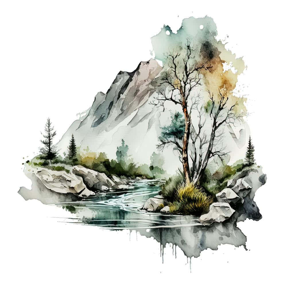 Watercolor Of A Mountain Stream 1