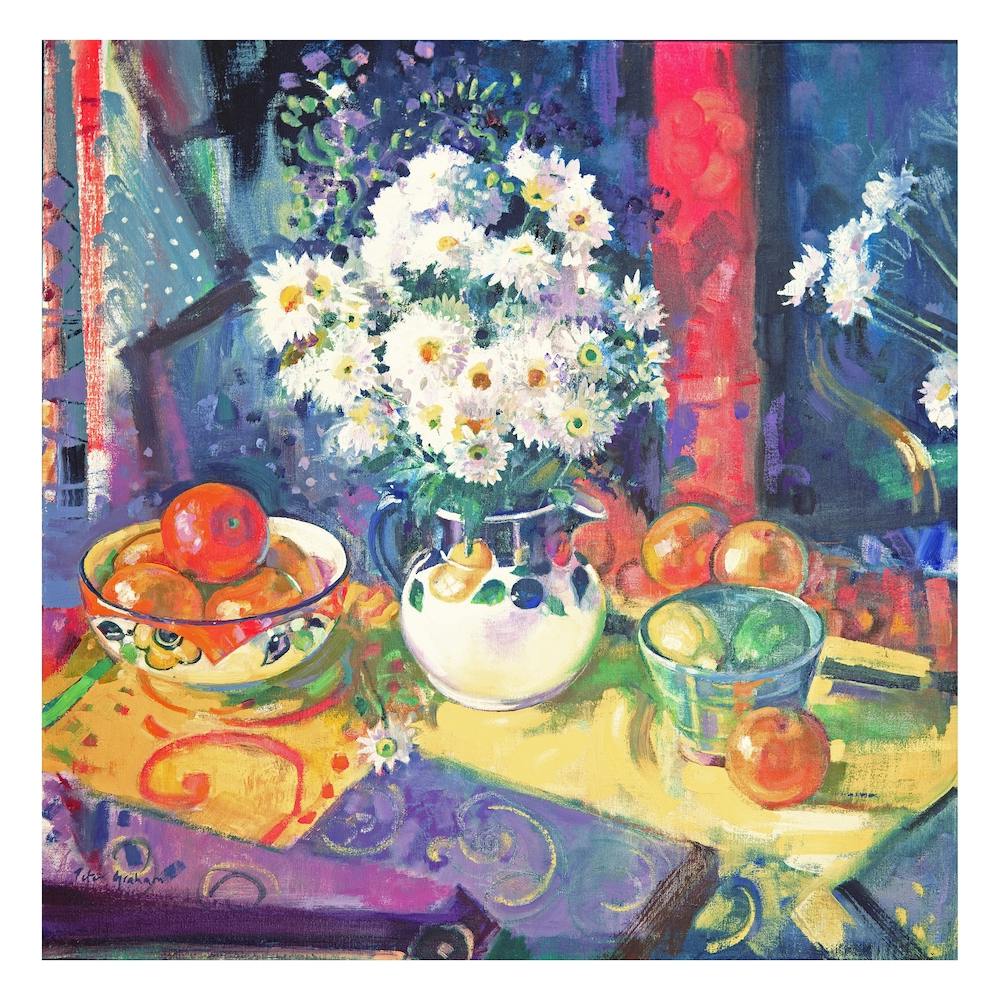 Flowers And Fruit In A Green Bowl