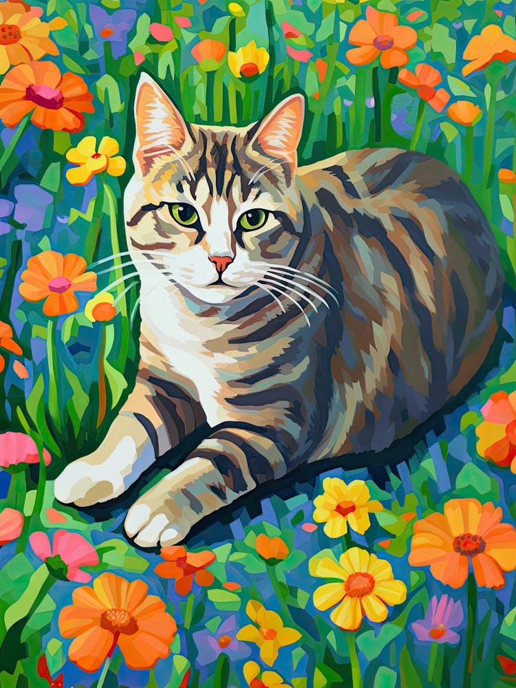Tabby Cat With Flowers Oil Painting