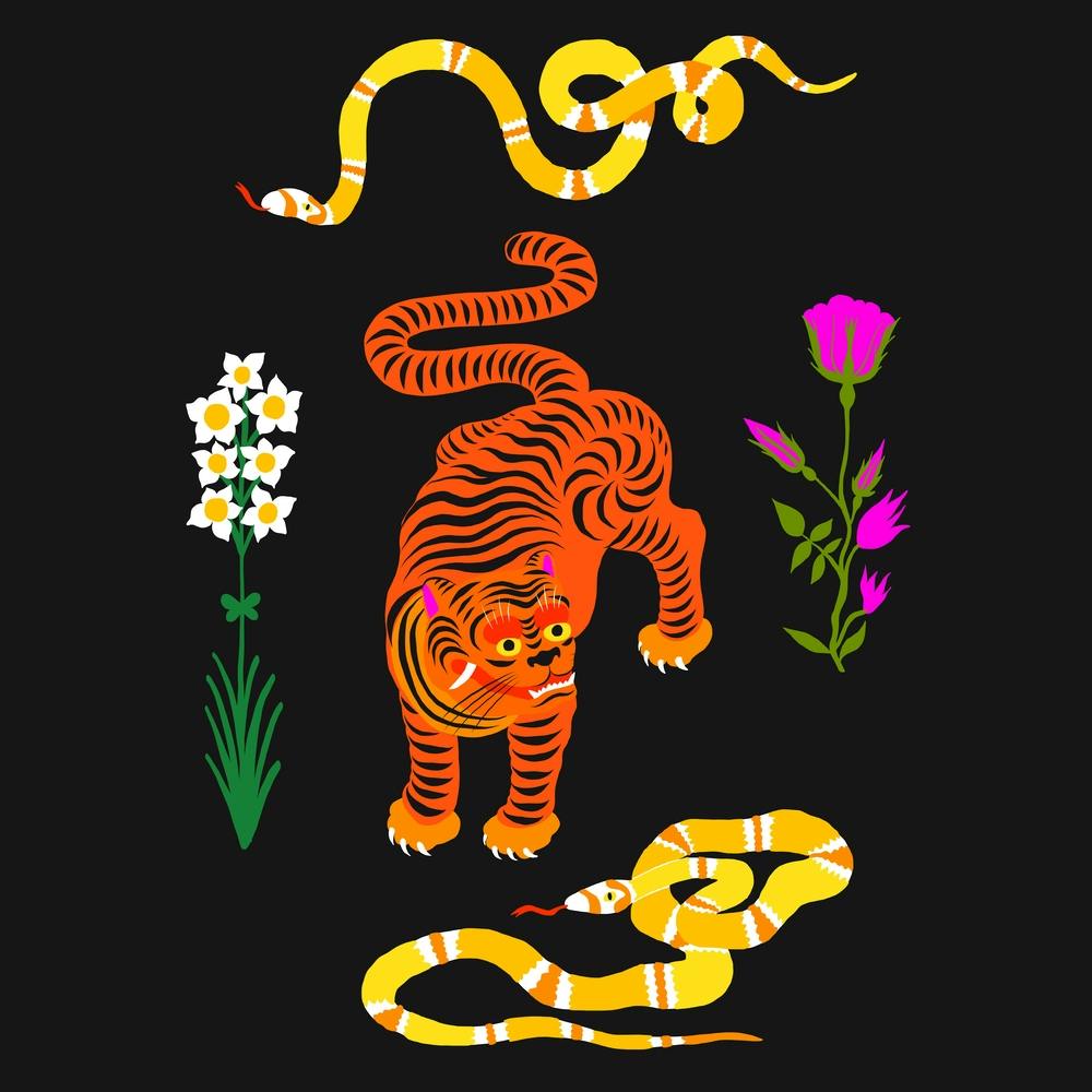 Tiger And Snakes Flowers Square