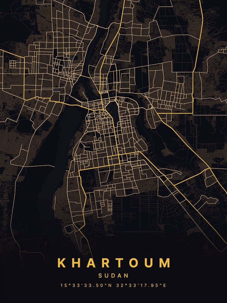 Khartoum Sudan Black And Gold Map
