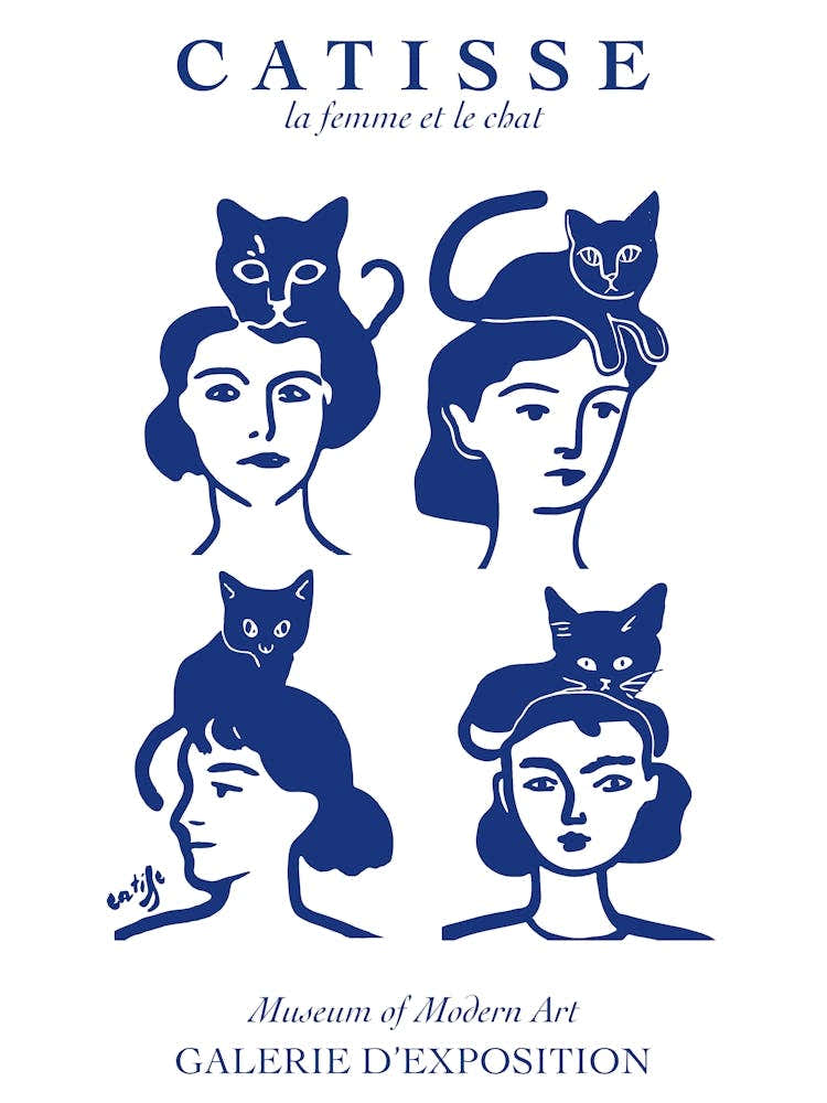Cat Matisse Catisse Woman Poster Fun Wall Art Blue Line Art Face