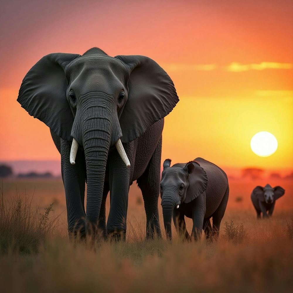Elephants At Sunset