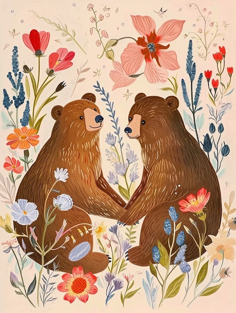 Folksy Floral Animal Drawing Brown Bear 4