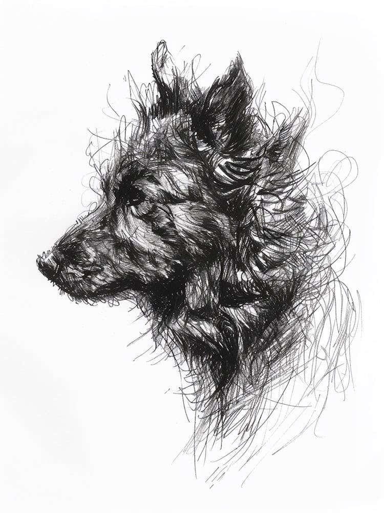 Black Long Haired Dog Line Sketch 1
