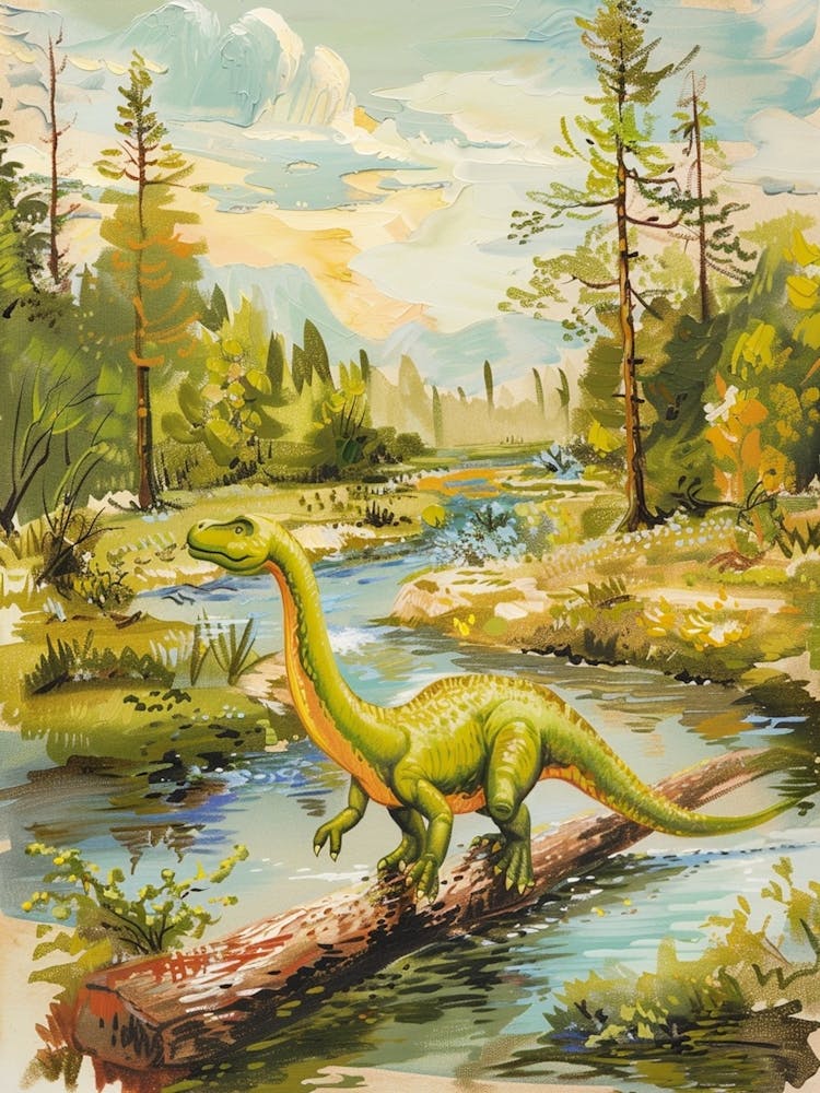 Storybook Style Dinosaur Crossing The River With A Log Painting 2