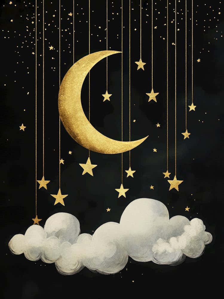 Golden moon dreamscape – monochrome blacks with soft gold accents – enchanted storybook aesthetic – digital hand-painted style – inspired by Art Deco fairytales – fantasy fine art – ideal for libraries, bedrooms