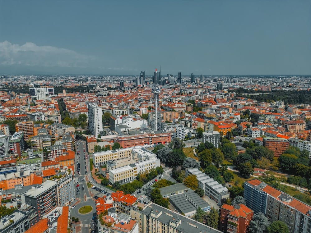 Aerial photo. Beautiful view of Milan against the blue sky