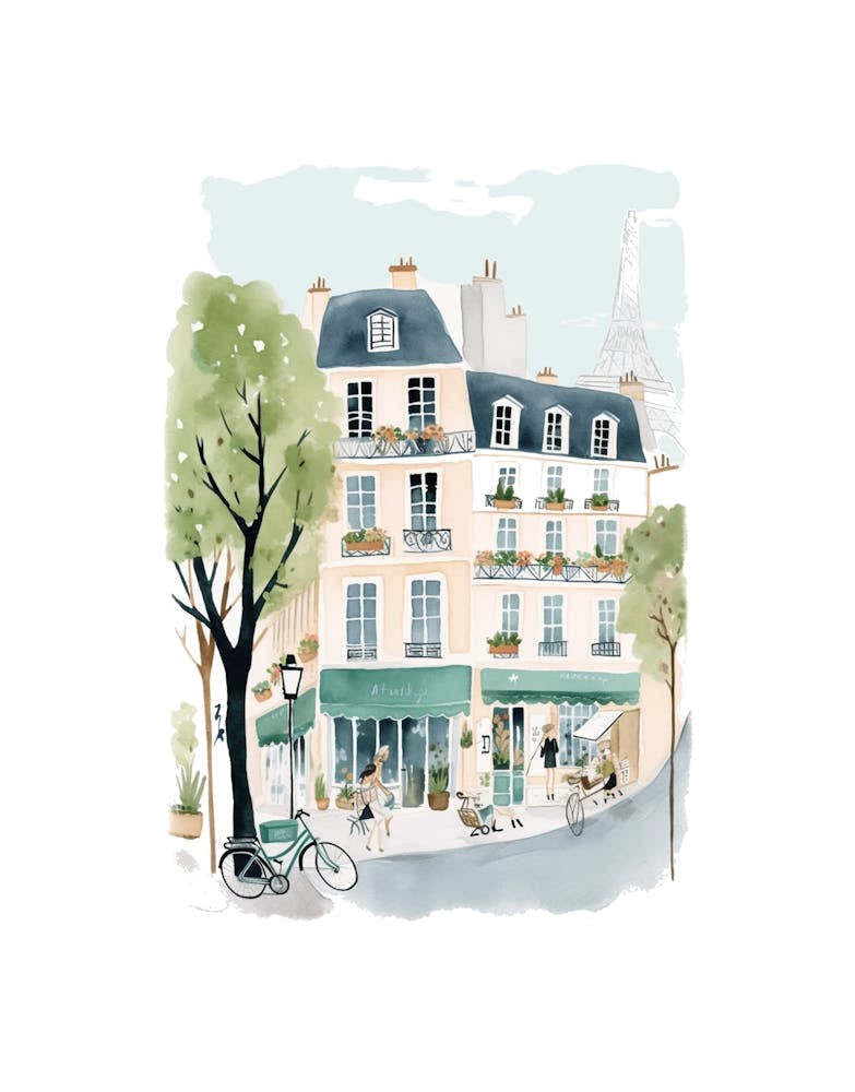 Paris France Street Scene Illustration Watercolour