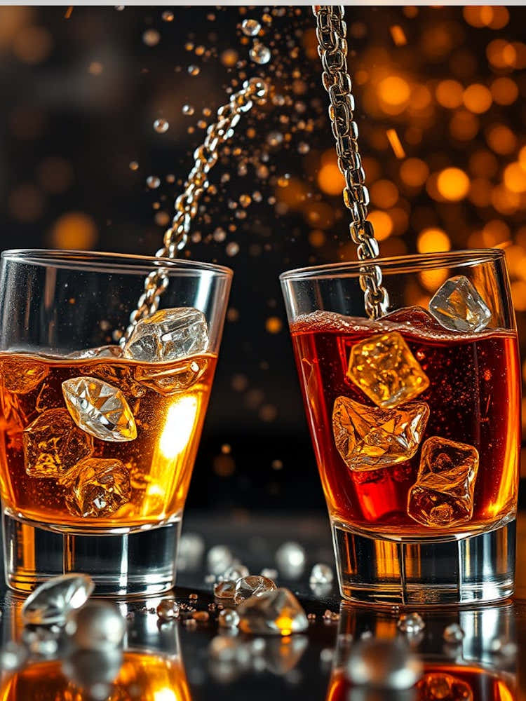 Two Glasses Of Whiskey With Ice Cubes