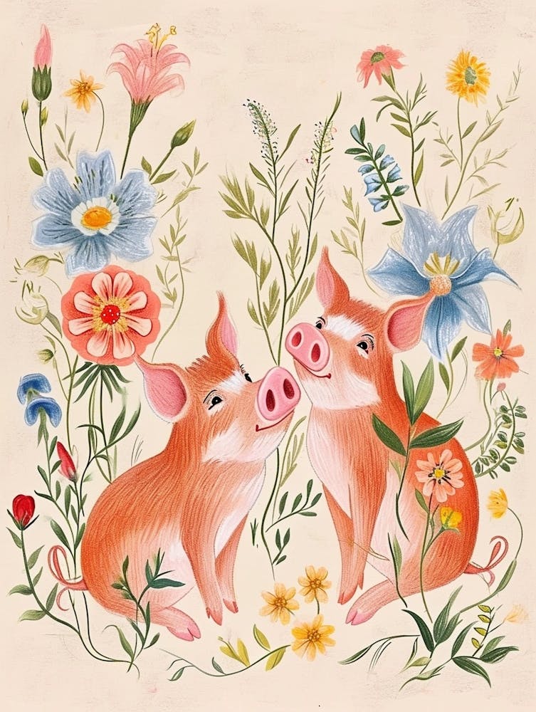 Folksy Floral Animal Drawing Pig 2