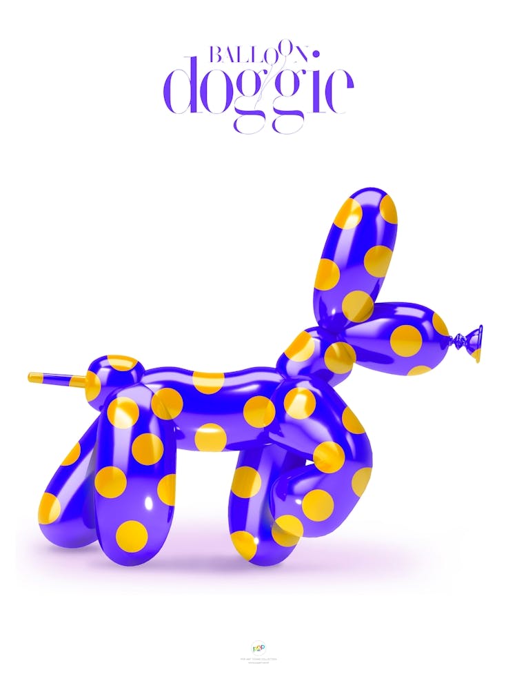 BALLOON DOGGIES BLUE + DOTS | Digital art | Pop Art World 2025 This character was invented by someone who played with making figures with balloons. Suddenly, in his skillful hands appeared this little dog, today baptized by Pop Art World as Balloon Doggie. This artwork was created using Adobe Illustrator and Photoshop. The best of Pop Art images, now in digital replicas! Prints with bright colors, sharp images, and high resolution.
