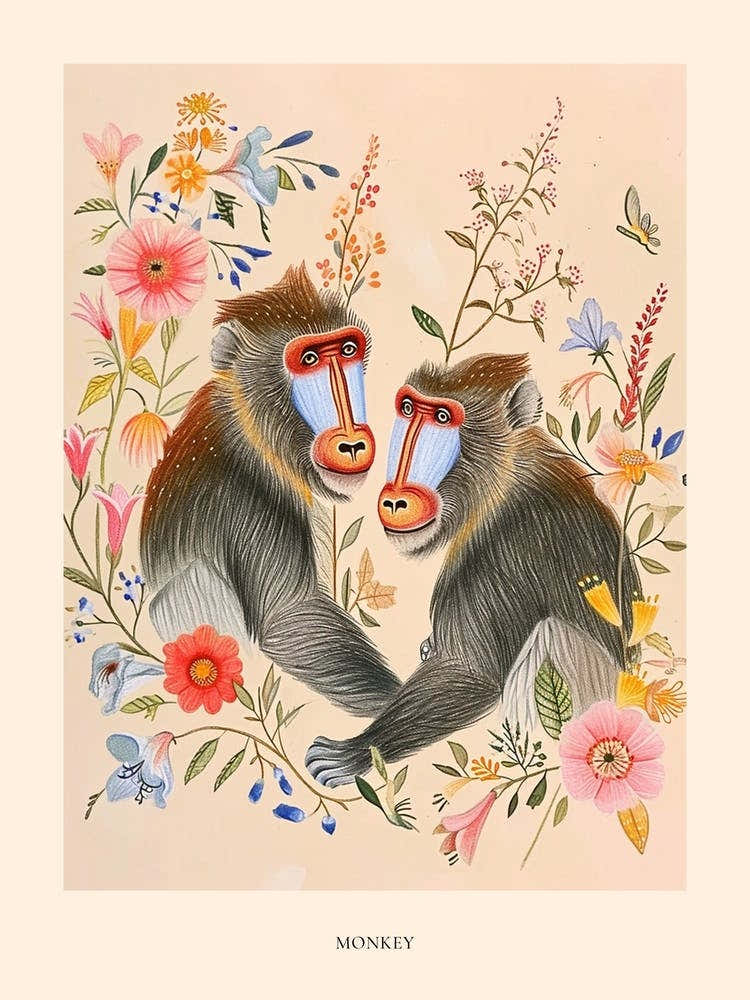 Folksy Floral Animal Drawing Monkey Poster