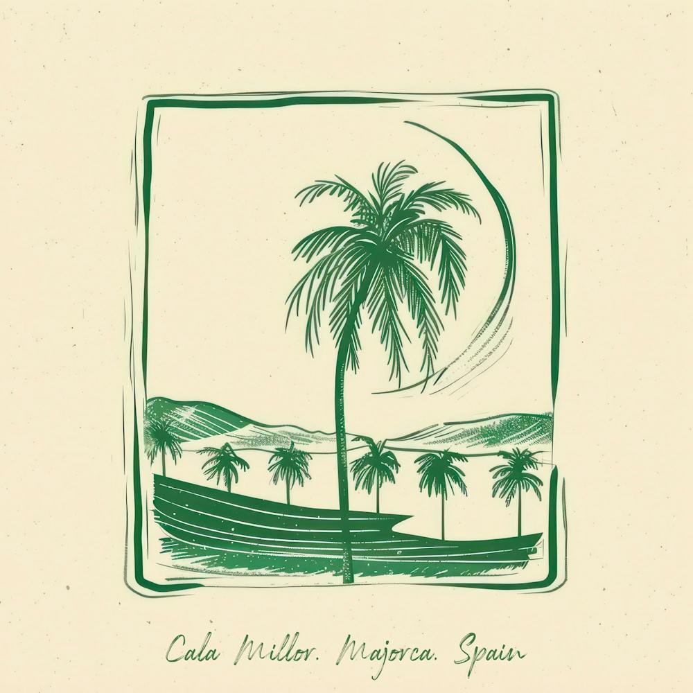 Cala Millor, Majorca, Spain Green Line Art Illustration