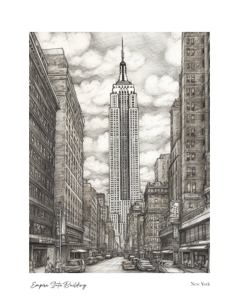 Empire State Building  New York Pencil Sketch 3 Watercolour Travel Poster
